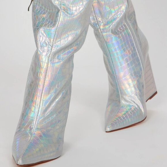 Iridescent Silver Knee High Textured High Heel Boots - Picture 2 of 8